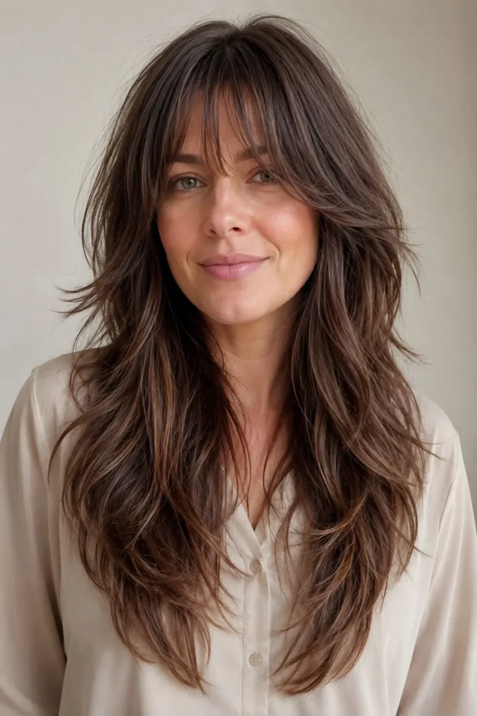 woman with a long wolf cut and soft wispy fringe, showcasing textured layers, natural movement, and glossy hair in bright natural light against a cream background, wearing a light beige blouse.
