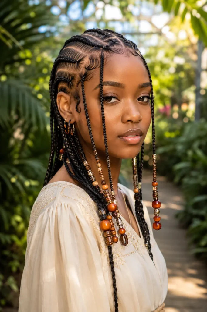 Young Black woman with intricate Fulani-inspired cornrows featuring symmetrical scalp patterns and long face-framing braids decorated with wooden