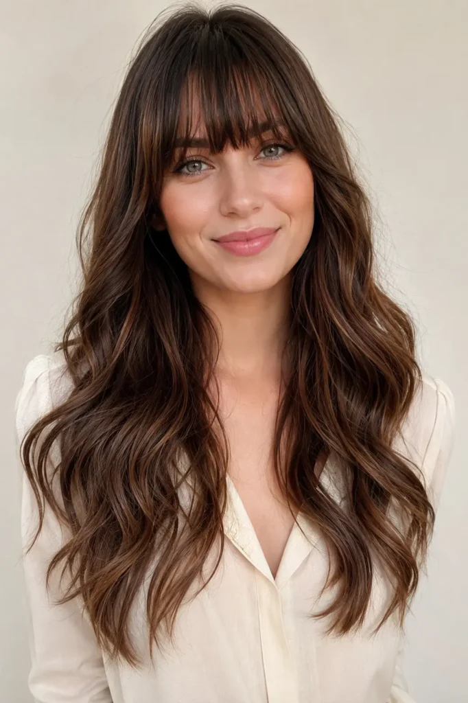 Portrait of a German woman with a full fringe and long loose wavy hair, featuring glossy, well-defined waves, thick eyebrow-length bangs, a cream blouse, and an ivory background in bright natural light.