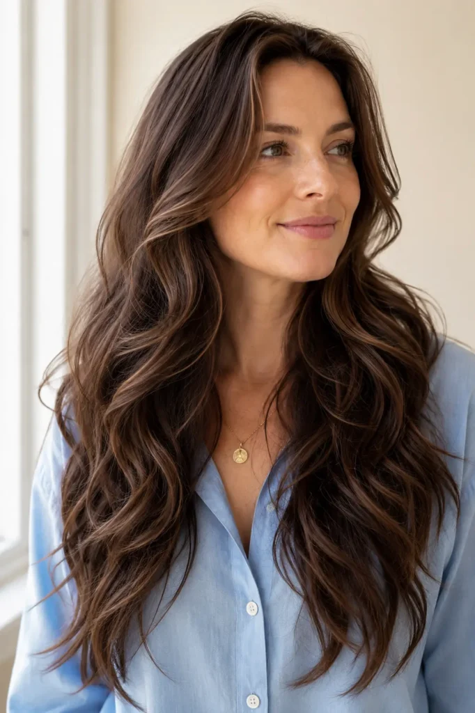 Long thick naturally wavy Ghost Layers hairstyle on a real English woman, featuring hidden internal layers for soft movement and lightweight volume, photographed in bright natural daylight with a warm ivory background, dusty-blue button-down shirt, delicate gold jewelry, and natural salon-quality finish.