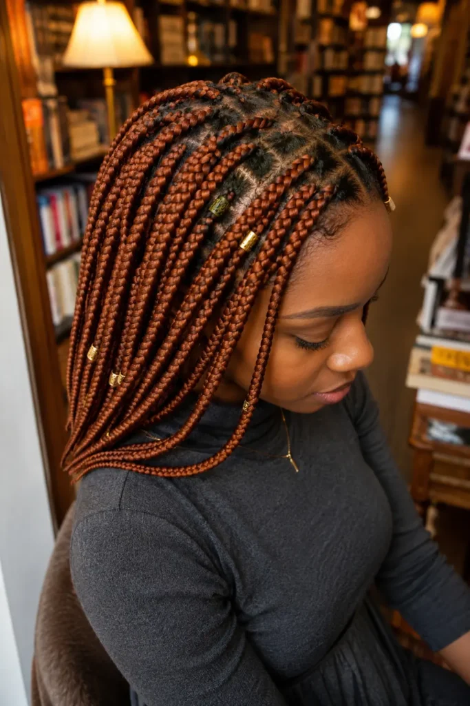 Close-up right-above portrait of a real Black woman with medium-length copper-ginger knotless box braids, featuring auburn and cinnamon tones, neat scalp parting, and subtle gold cuffs. She wears a charcoal-grey turtleneck dress