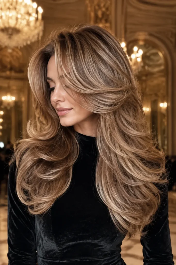 White woman with a voluminous dark blonde butterfly layered blowout and champagne highlights in a luxurious ballroom.