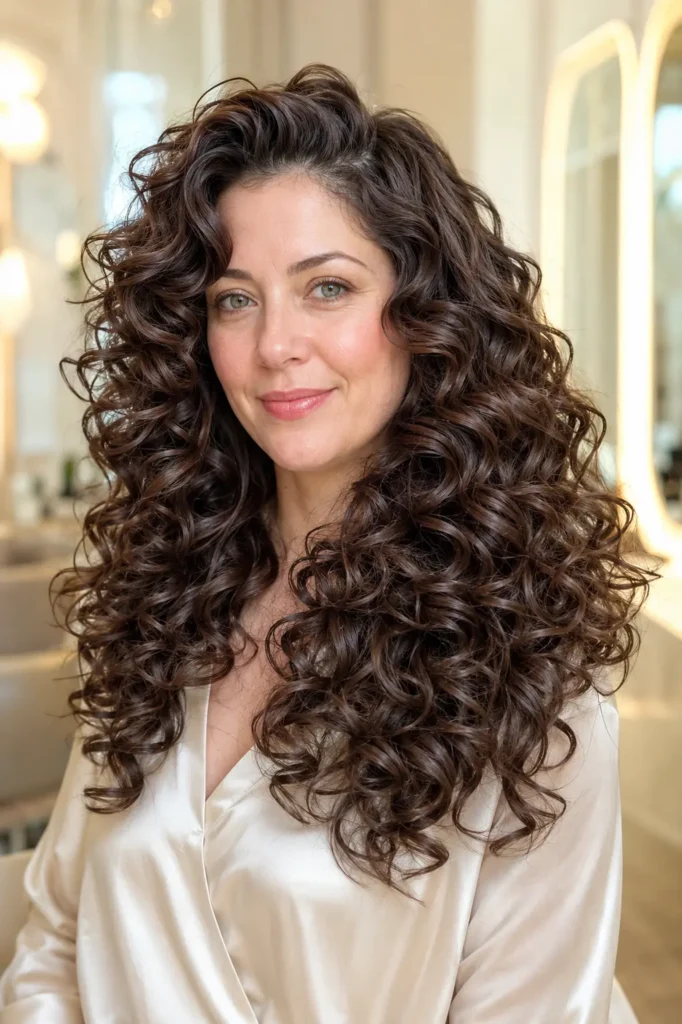 woman with a Glass Shine Curly Style featuring ultra-glossy, naturally defined curls and soft layered movement, wearing a fashionable cream satin blouse. She is photographed in bright natural daylight against an elegant ivory salon background,