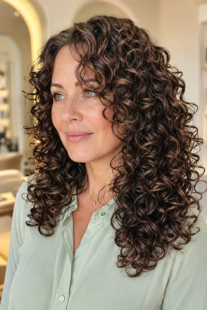 woman with a glossy defined curl finish featuring perfectly moisturized, shiny, naturally defined curls with soft layered movement, wearing a stylish light green shirt in a bright ivory luxury salon setting.