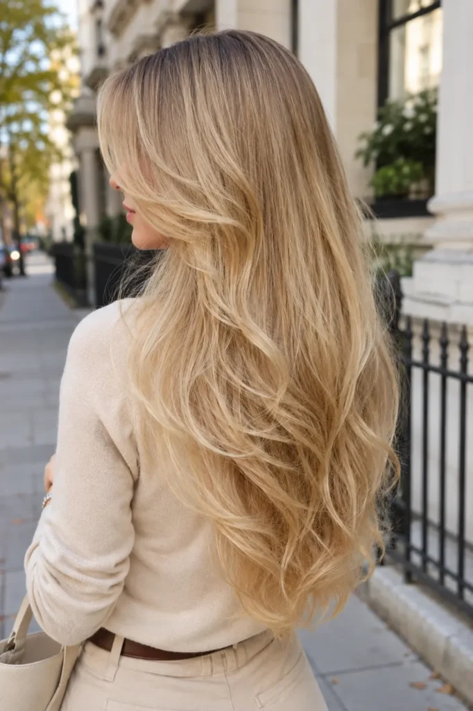 a woman with golden beige blonde hair tint, featuring long flowing layers, soft waves, warm blonde dimension, glossy shine,