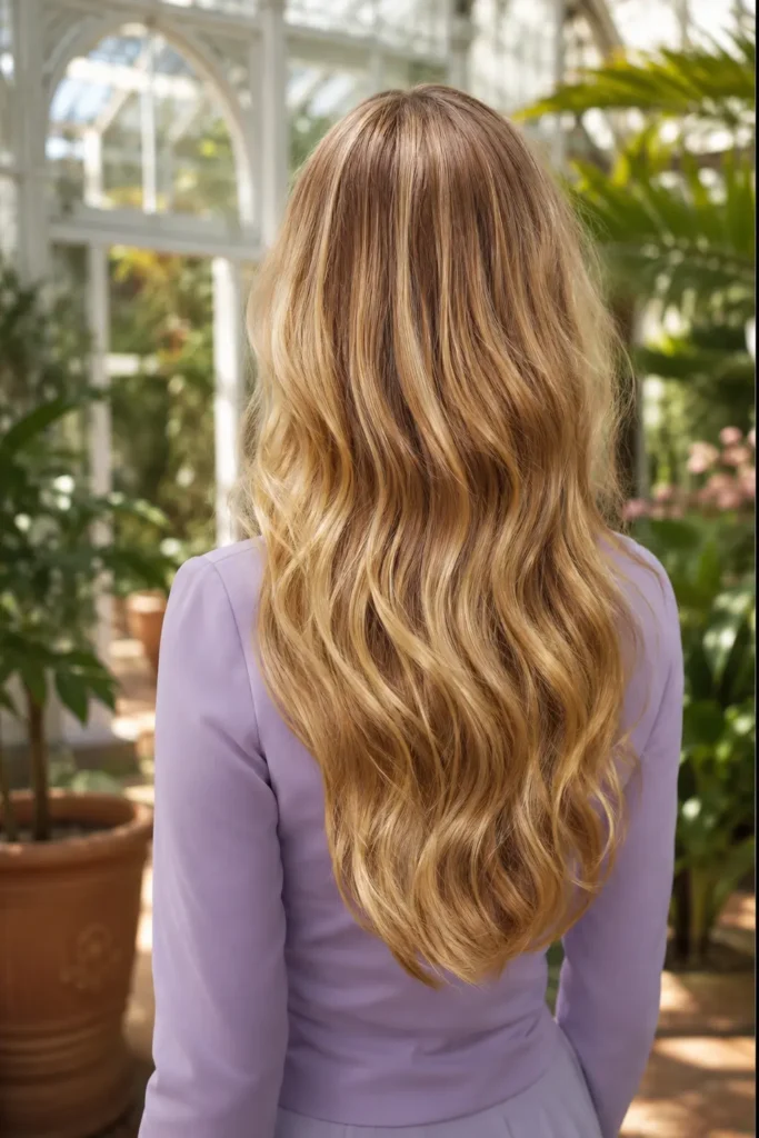 Back view of a white woman with long golden blonde highlighted hair styled in voluminous cascading waves, wearing a soft lavender tailored blouse inside a sunlit botanical conservatory with blurred tropical plants and glass architecture.