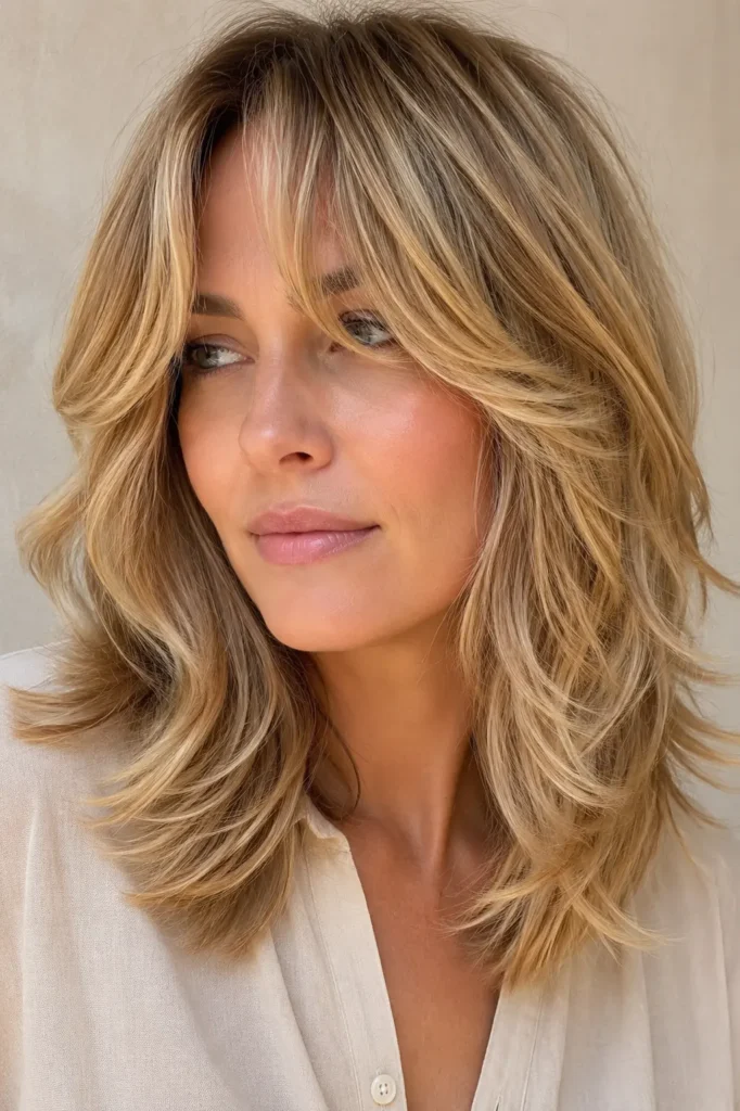 woman with a golden blonde medium wolf cut, soft curtain bangs, feathered layers, airy volume, and glossy textured hair in natural daylight.