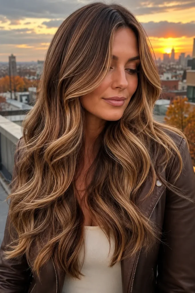 Long golden brown balayage hair styled in polished S-shaped waves with honey and beige highlights, worn with a chocolate brown leather jacket on a rooftop terrace overlooking a softly blurred autumn city skyline at sunset.