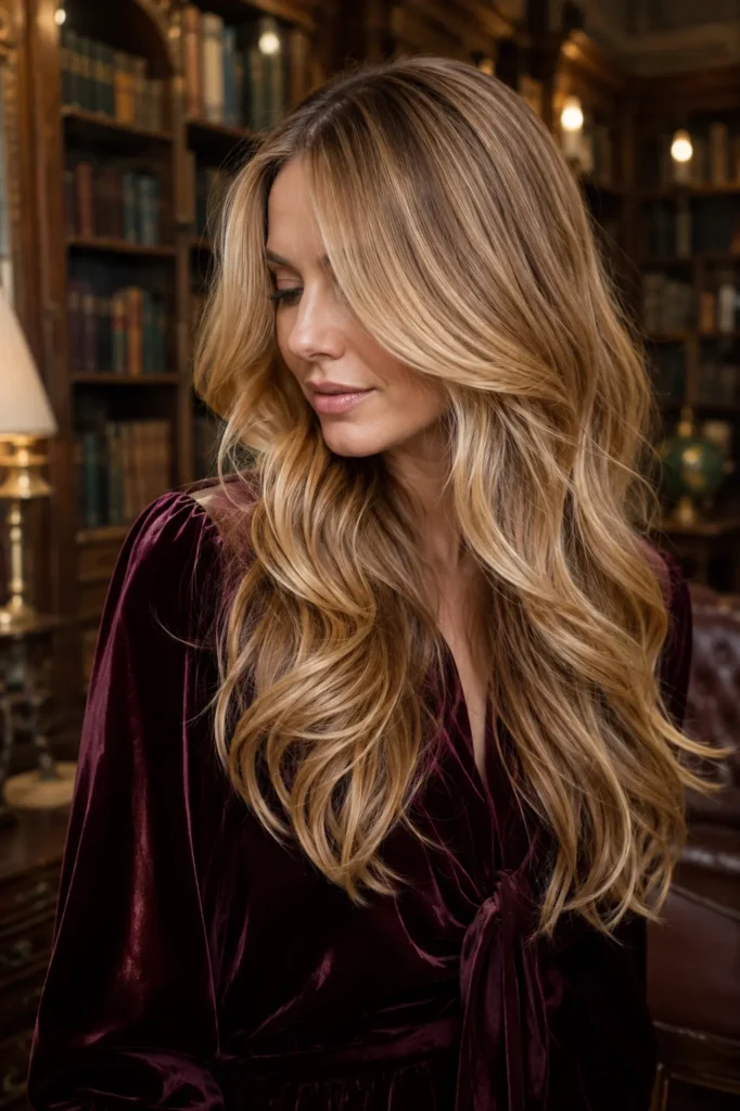 Long golden honey blonde hair styled in soft, voluminous waves with subtle layers, showcased on a woman wearing a burgundy velvet blouse in a warmly lit vintage library with blurred wooden bookshelves.