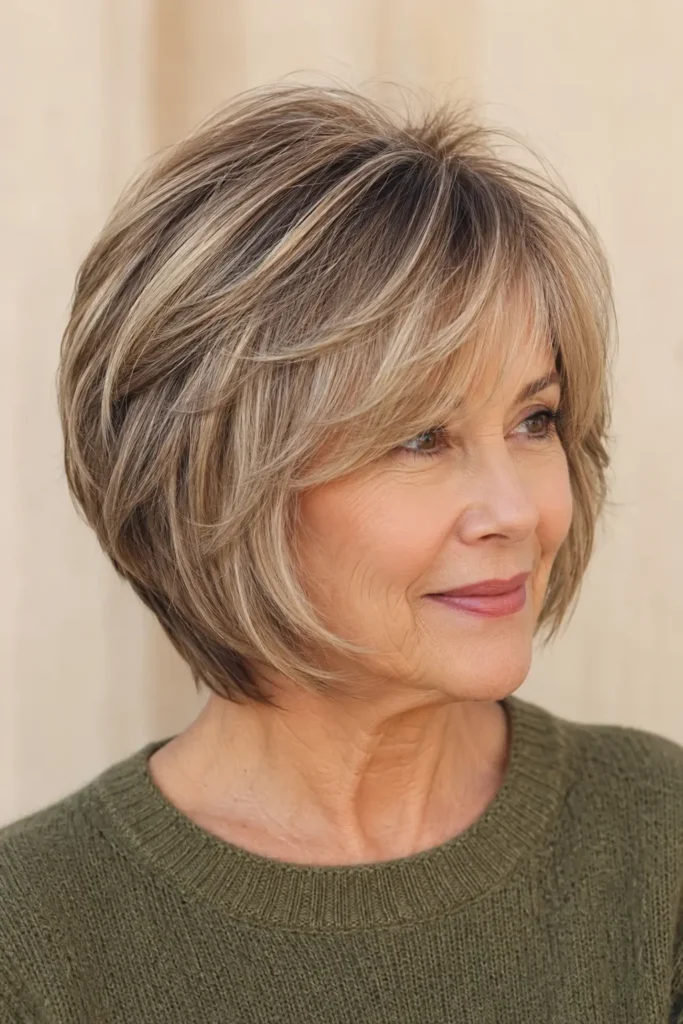 a woman with a graduated layered bob and soft side fringe, wearing an olive knit sweater against a cream background, with the hairstyle as the main focus.