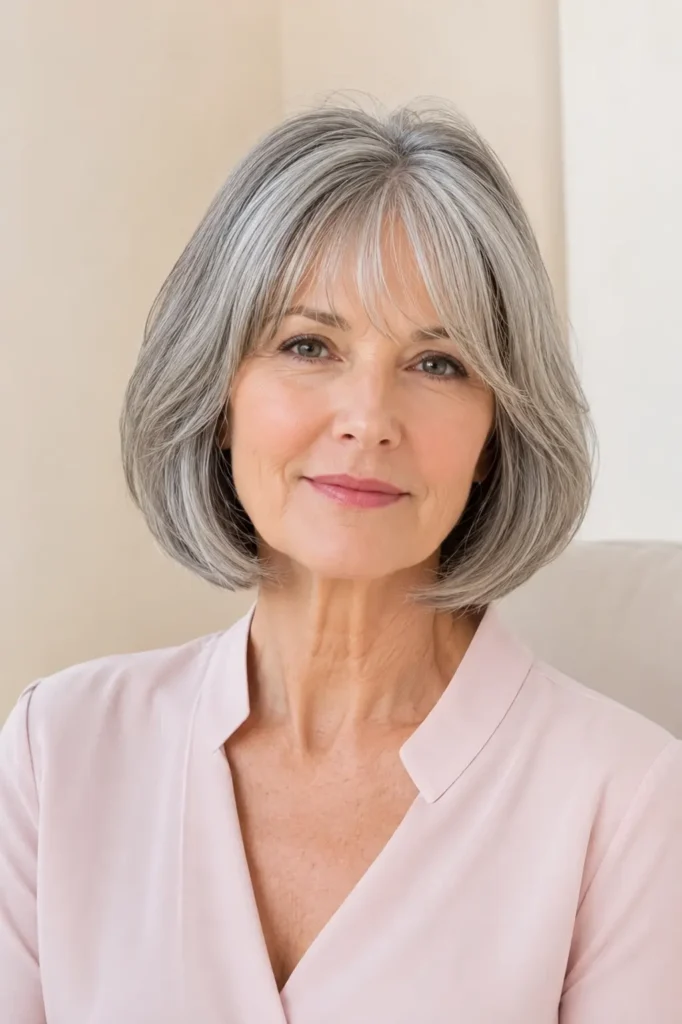 Gray bob haircut with curtain bangs on a mature woman, featuring soft silver layers, natural volume, and a classy short hairstyle look.