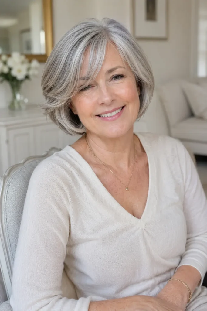 Gray bob haircut with soft face-framing layers on a mature English woman, featuring natural silver tones, smooth volume, and a healthy shiny hairstyle.