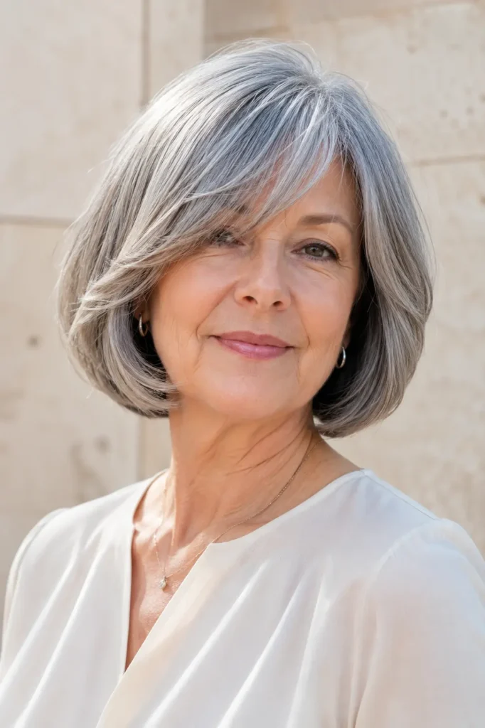 Gray bob haircut with side-swept bangs on a mature English woman, featuring soft layers, natural silver shine, and elegant volume.
