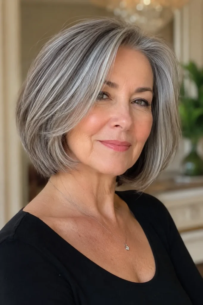 Gray bob haircut with silver highlights on a mature English woman, featuring soft layers, natural gray blending, healthy shine, and a stylish black top.