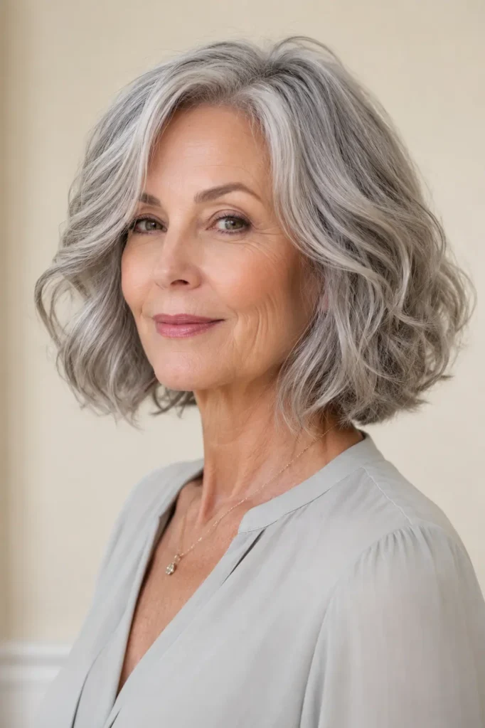 Gray bob haircut with soft waves on a mature English woman, featuring silver-gray tones, natural volume, layered texture, and glossy healthy hair.
