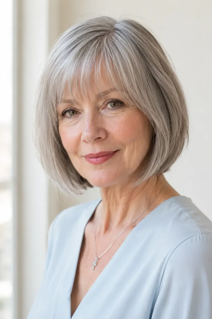 Gray bob haircut with wispy bangs on a mature woman, featuring soft silver layers, natural volume, and a smooth glossy hairstyle finish.