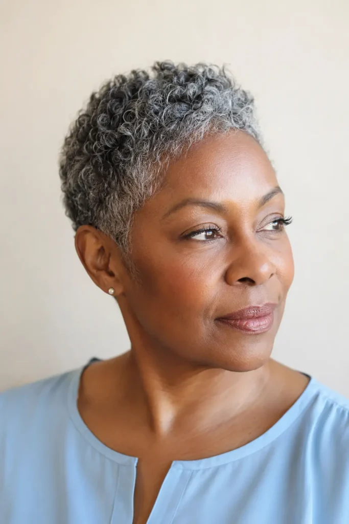 mature Black English woman with a silver and charcoal pixie haircut featuring short textured salt-and-pepper curls, softly tapered sides, natural gray strand detail, and a pale-blue blouse in a bright daylight salon-style portrait against an ivory background.