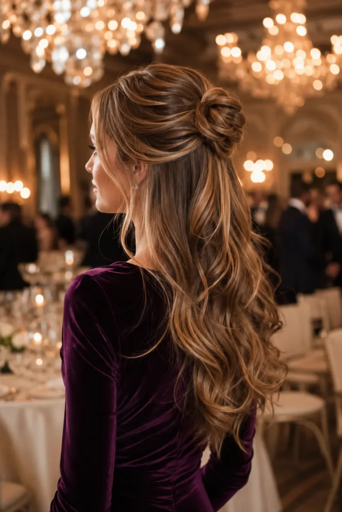 white woman with a sophisticated half-up bun and long, soft flowing waves, wearing a deep plum velvet long-sleeve dress in a luxurious ballroom with blurred crystal chandeliers and warm ambient lighting, highlighting the elegant hairstyle and realistic hair texture.