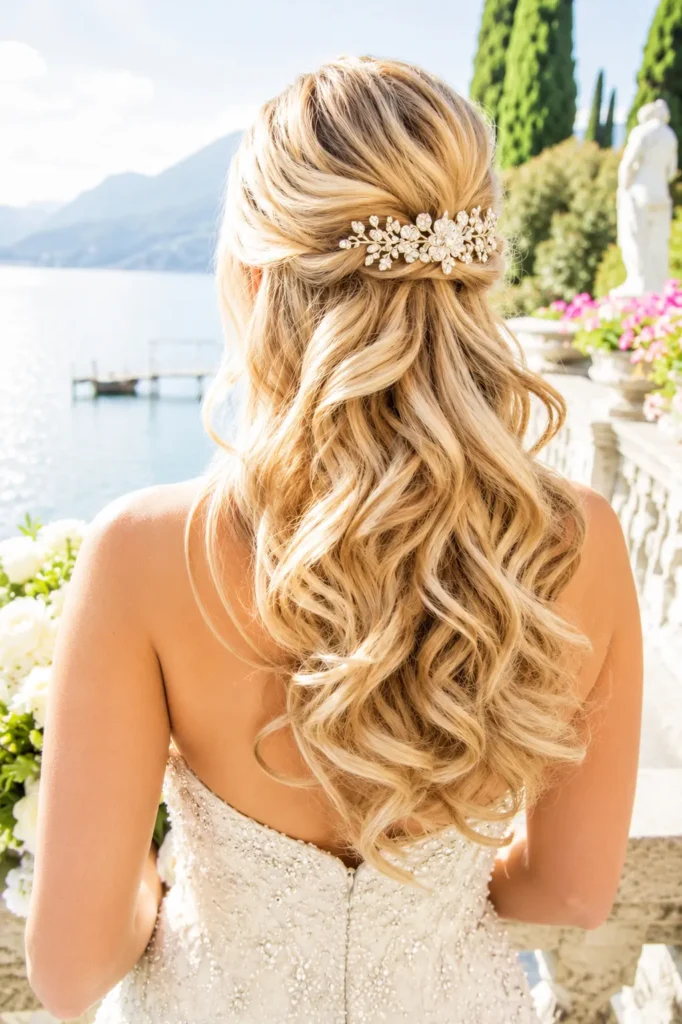 bride with a half-up half-down bridal hairstyle featuring long soft golden blonde curls and a crystal floral hair comb, wearing a beaded sweetheart wedding gown at a bright lakeside wedding venue in natural daylight.