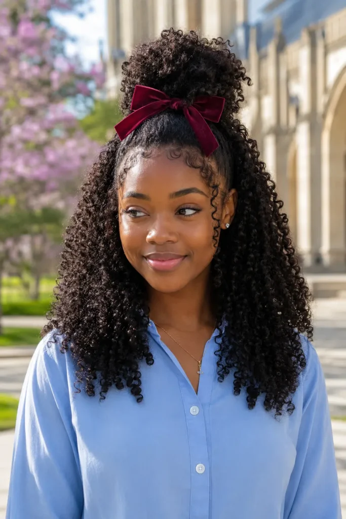 portrait of an 18-year-old Black woman wearing a sky-blue button-up shirt, featuring a half-up, half-down curly hairstyle with a high puff and burgundy velvet bow, set against a softly blurred university courtyard background.