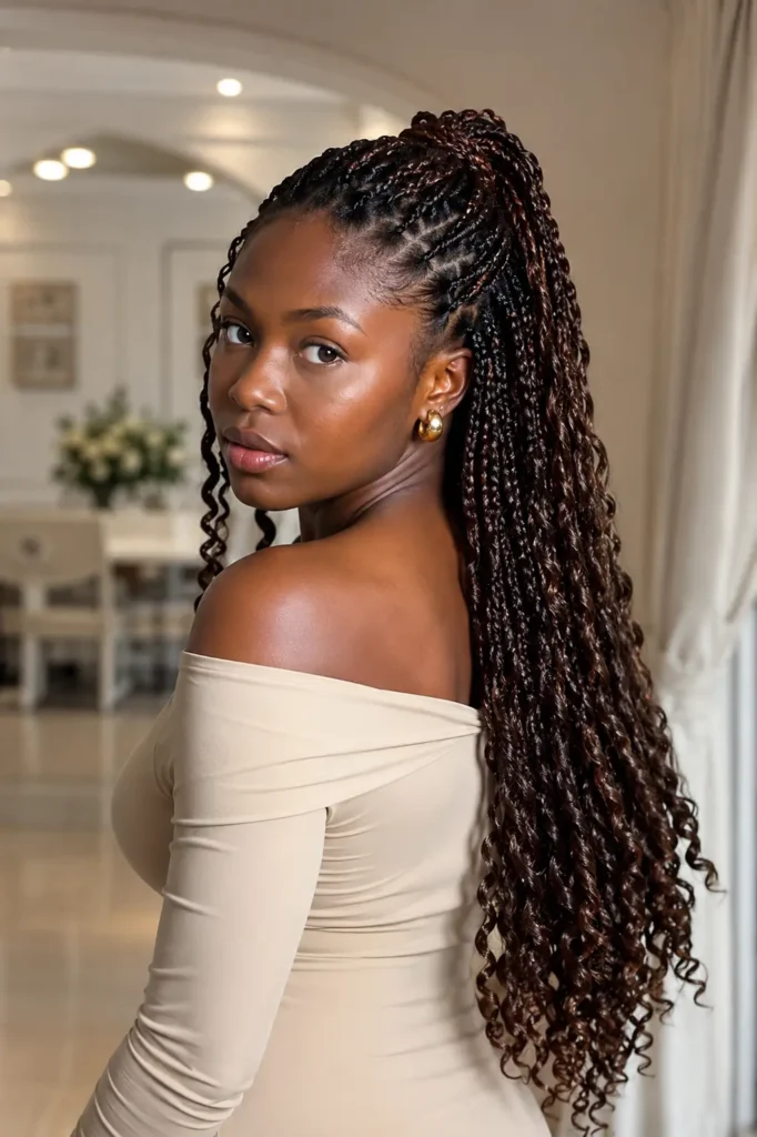 a Black woman wearing glossy chestnut brown half-up half-down twist braids, dressed in an elegant cream off-shoulder dress,