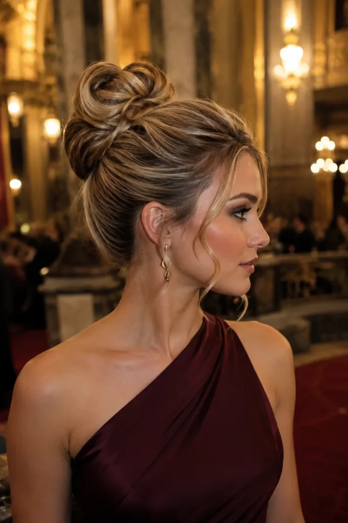 Glamorous high bun hairstyle on a white woman shown from a back-side pose, with a smooth lifted crown and soft face-framing tendrils, wearing a deep burgundy one-shoulder evening gown in a luxurious theater foyer with warm golden lighting.