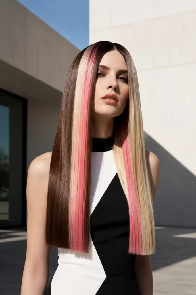 a white woman with very long, sleek straight hair featuring bold Neapolitan color blocks in deep chocolate brown, creamy vanilla blonde, and vivid strawberry pink. She wears a sophisticated black-and-white geometric fashion top