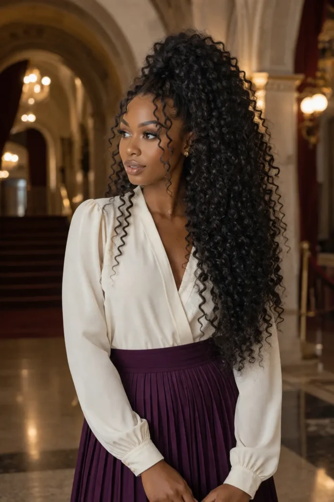 Black woman with an extremely voluminous high curly ponytail and defined cascading curls, wearing an ivory blouse and deep plum pleated skirt, standing in an elegant school theatre foyer with softly blurred warm lights and architectural arches in the background.