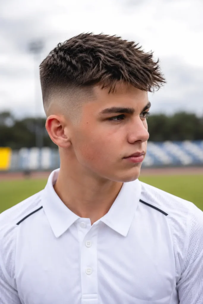 Photorealistic upper-body portrait of a white teenage boy with a high fade haircut and short textured top, wearing a white athletic polo shirt, standing outdoors on a softly blurred sports field in bright natural daylight.