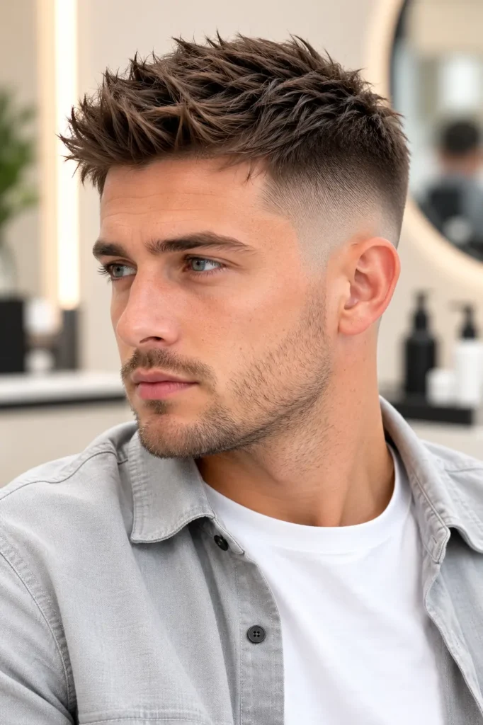 man with a high fade haircut and naturally textured spiky hair, wearing a light gray overshirt over a white T-shirt in a bright ivory barber studio with realistic skin texture and light stubble.