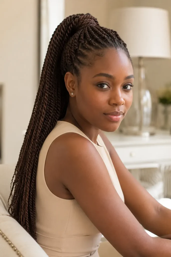 a Black woman wearing rich chocolate brown twist braids styled in a sleek high ponytail, dressed in a beige sleeveless dress with modern English fashion styling