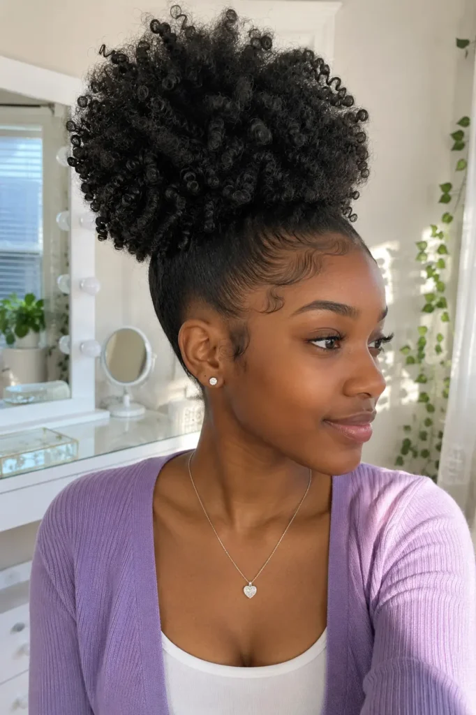portrait of an 18-year-old Black woman wearing a large natural curly high puff with defined coils and styled baby hairs, dressed in a lavender cardigan over a white top,