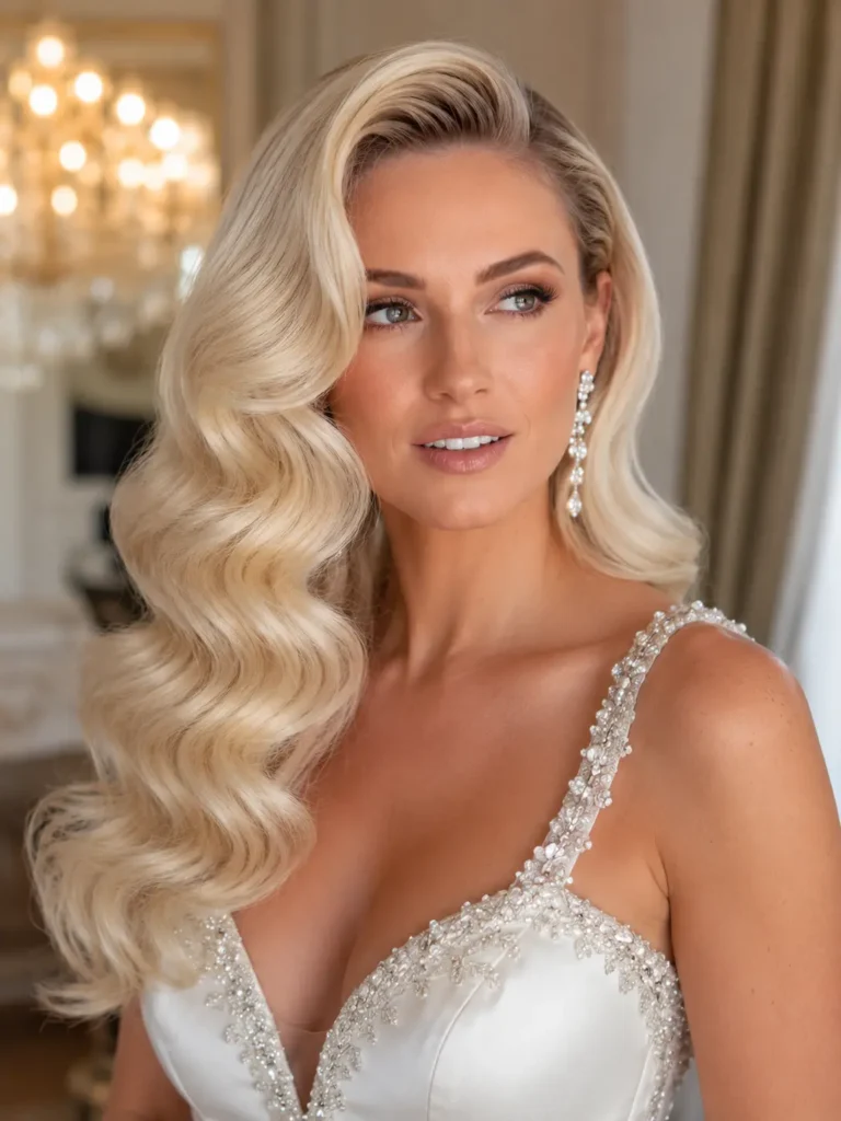 white bride with glamorous Hollywood bridal waves in glossy platinum blonde hair, styled with a deep side part, wearing a crystal-embellished silk wedding gown in a luxurious bridal suite.