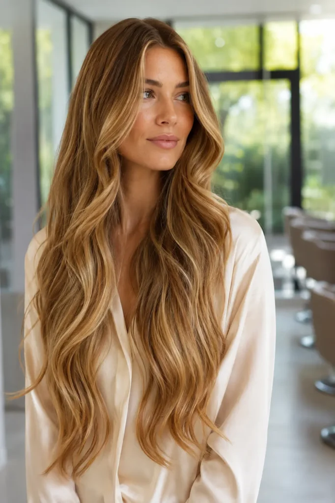 Long honey blonde balayage hair with soft cascading waves and seamless golden highlights on a woman in a bright luxury salon.