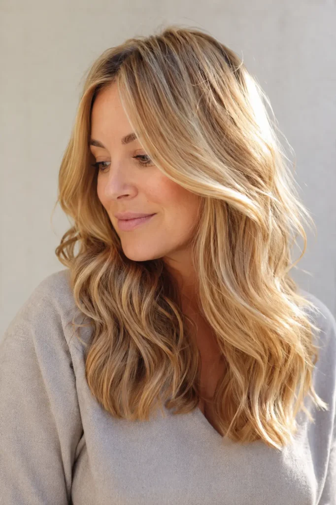 woman with honey blonde hair tint featuring soft waves, warm golden tones, natural layers, glossy shine,