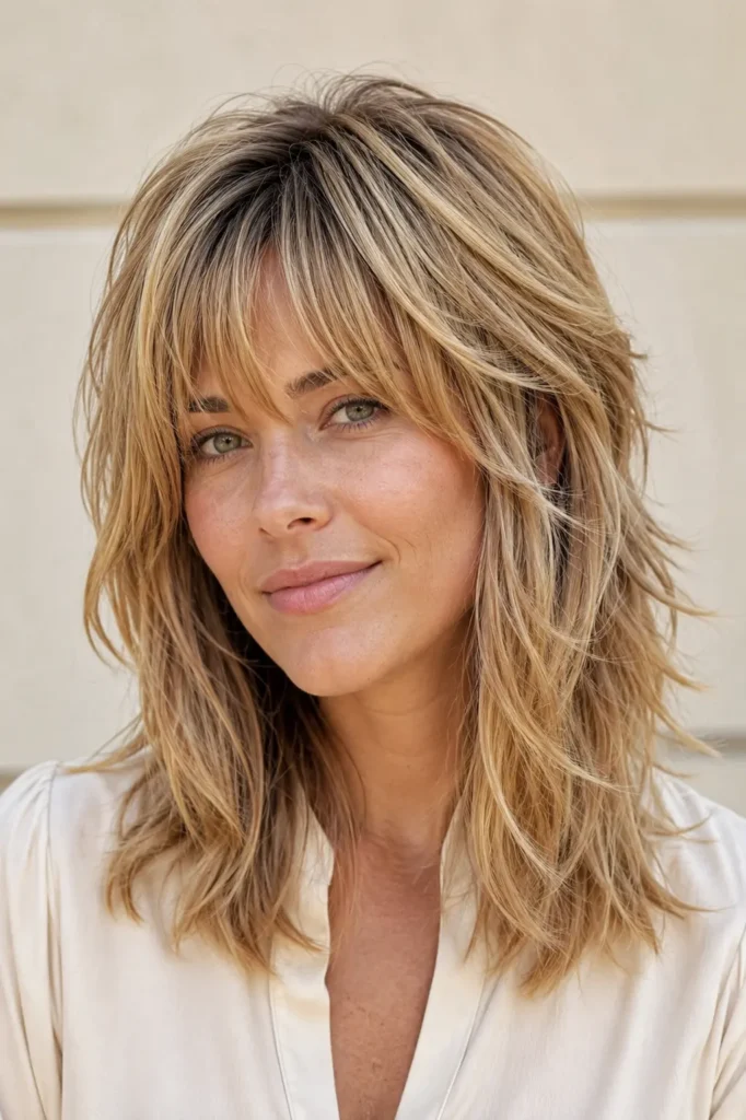 a woman with a honey blonde shoulder-length wolf cut, soft feathered bangs, layered texture, and healthy shiny hair in a natural DSLR portrait.