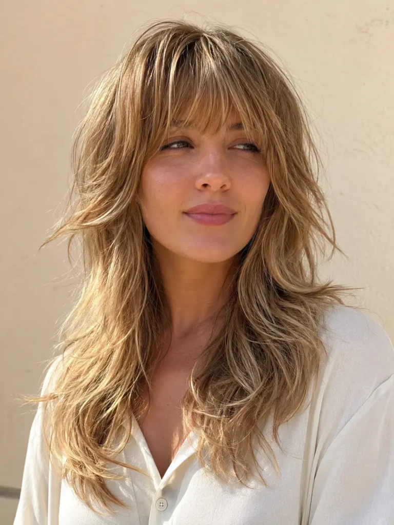 Honey blonde wolf cut hairstyle with full feathered bangs, soft textured layers, natural volume, and healthy shine on a real woman in bright daylight.