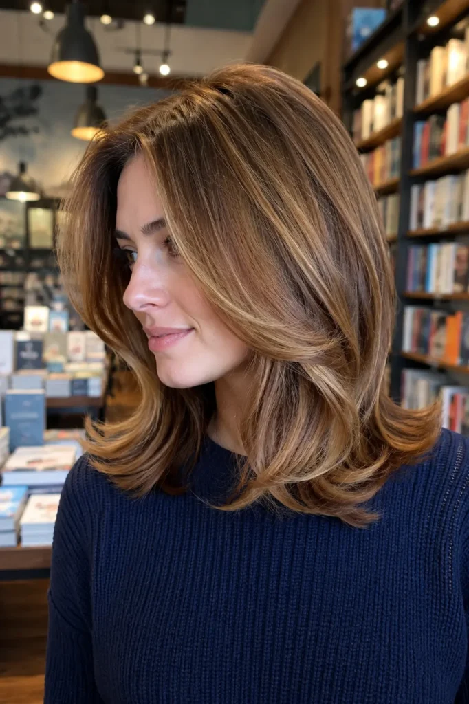 A white woman with shoulder-length honey brown hair styled in a voluminous rounded blowout with soft flipped ends, showcasing warm honey, golden brown
