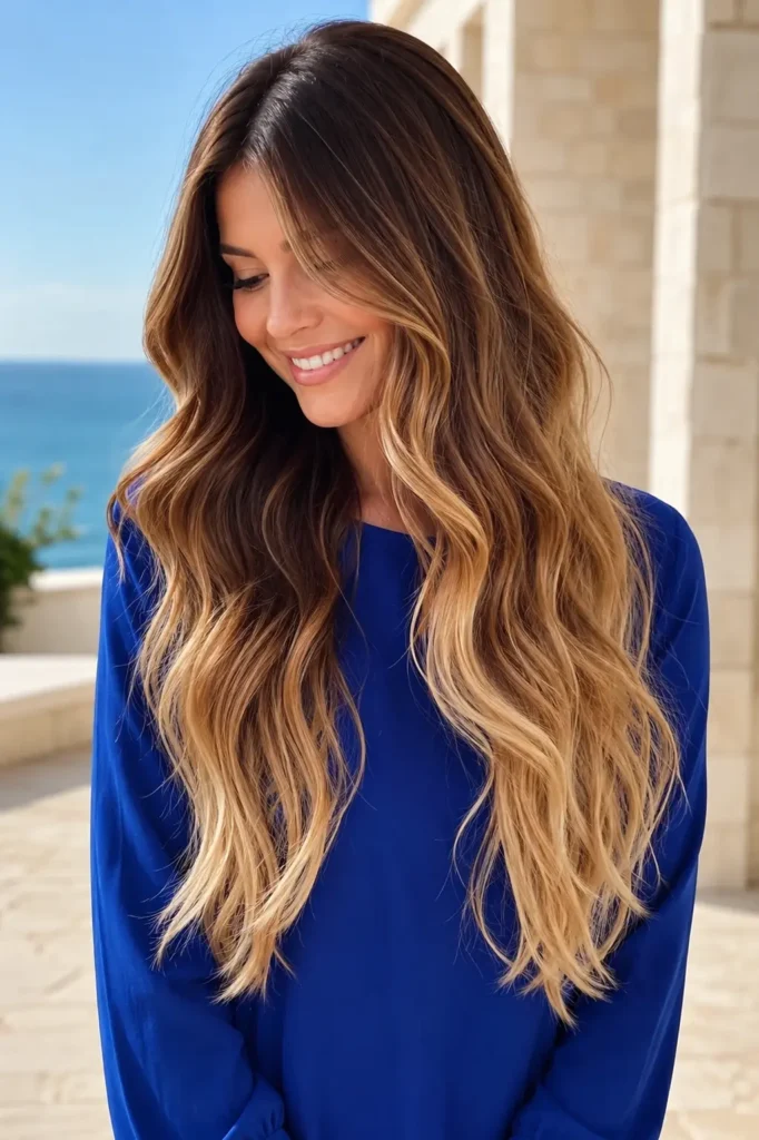 Happy white woman with ultra-long honey caramel ombre hair in flowing waves, wearing a cobalt-blue long-sleeve blouse on a luxurious coastal villa terrace with a softly blurred ocean backdrop.