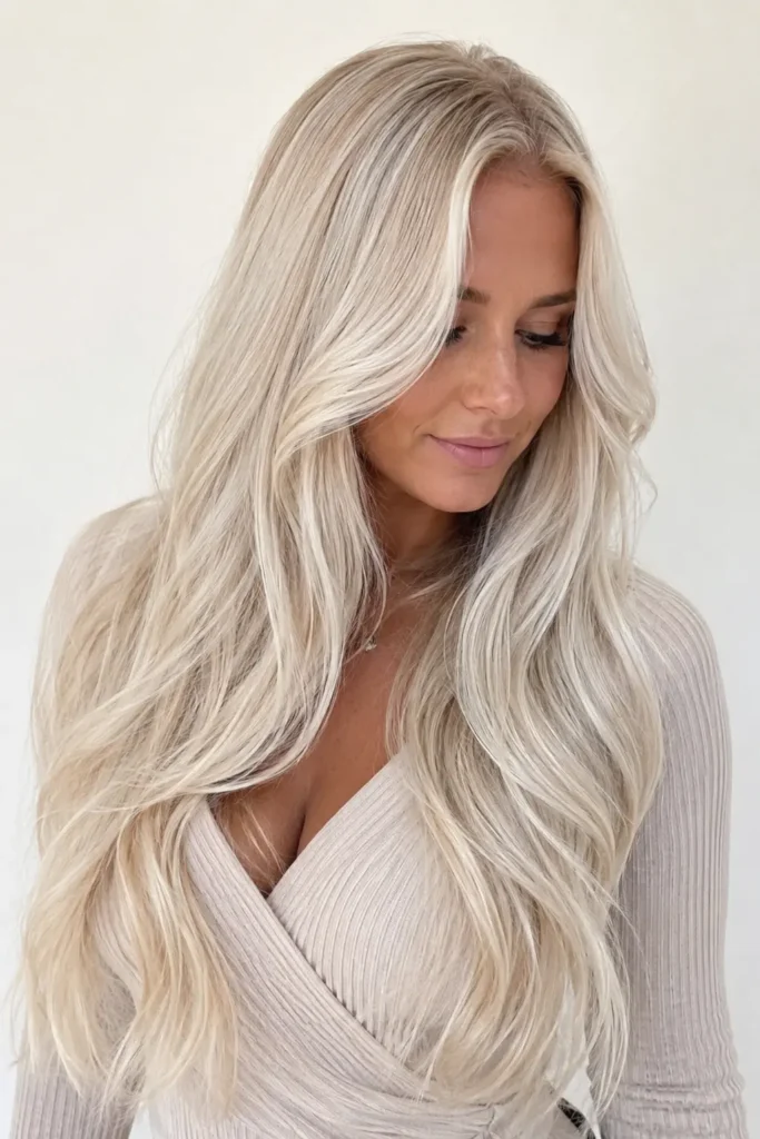 an English woman with icy platinum blonde very long layered hair, soft silver dimension, flowing waves, glossy shine, and natural volume in bright daylight.