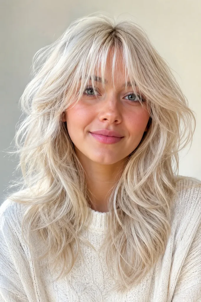 a woman with icy blonde wolf cut, soft wispy bangs, feathered layers, and glossy textured hair in a realistic portrait.