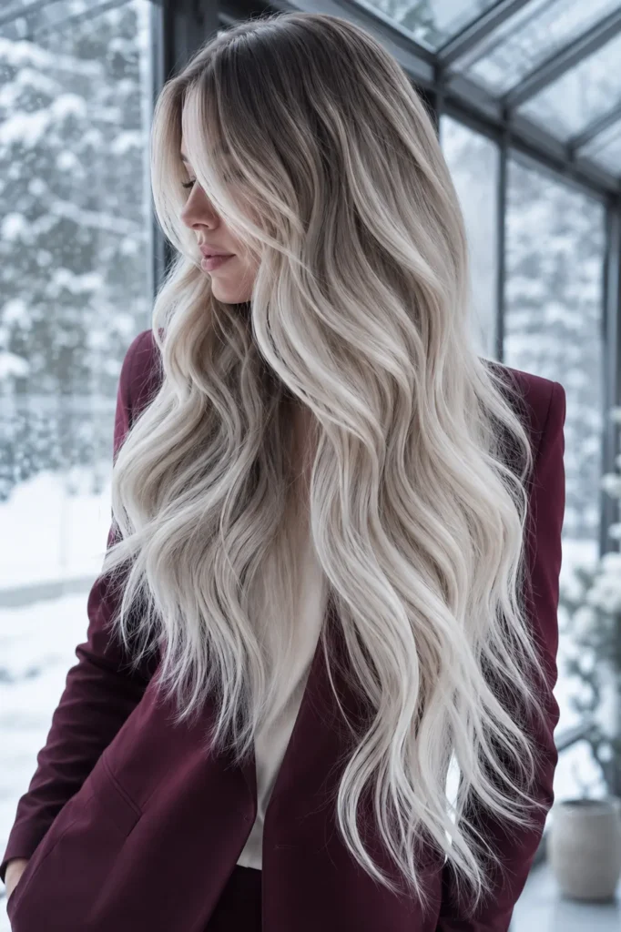 white woman with exceptionally long icy blonde hair featuring a seamless deep shadow root, cool platinum lengths with subtle pearl tones, and voluminous flowing waves, wearing a burgundy tailored blazer over a modest cream top in a modern winter conservatory with frosted glass and softly blurred snow-covered trees, captured in cool natural daylight with the hairstyle as the main focus.