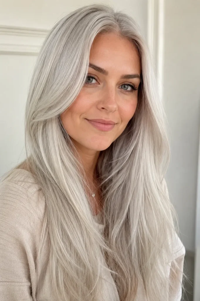 woman with icy platinum blonde hair tint, featuring cool silver tones, soft layered texture, glossy shine,