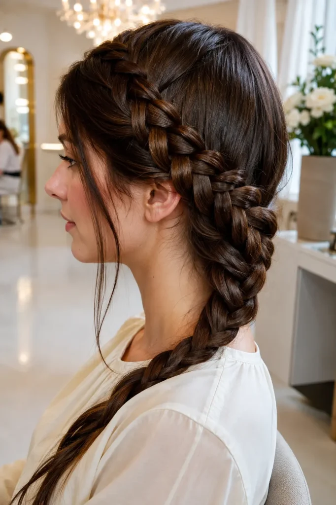 woman with glossy chocolate brown hair styled in an elegant infinity braid, wearing an ivory blouse in a bright cream salon, with the intricately woven braid as the main focus.