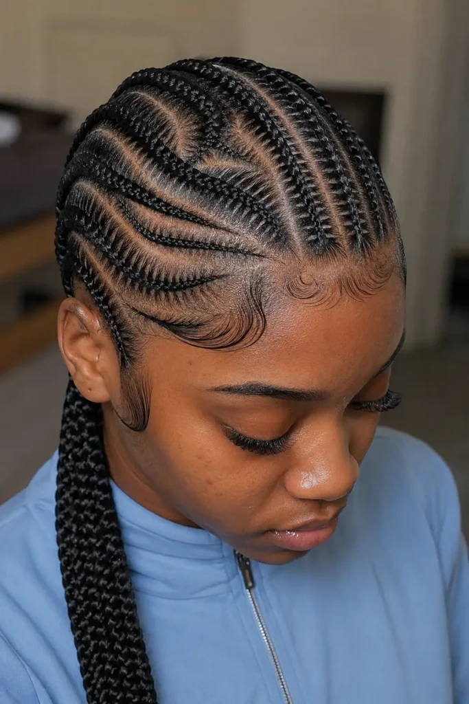 Close-up portrait of a 21-year-old Black woman wearing a light blue zip-up top, showcasing intricate stitch cornrows braided in elegant curved geometric patterns with sleek baby hairs and long braids extending behind her head.