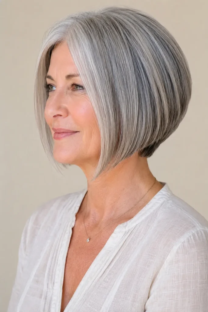 Inverted gray bob haircut on a mature English woman with angled front layers, stacked back, natural silver tones, and smooth shiny hair texture.