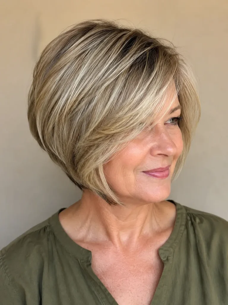 an English woman in her late 50s with an inverted layered bob featuring long side-swept bangs, stacked layers, and glossy, voluminous hair. She wears an olive green blouse against a warm beige background, with the salon-quality haircut showcased in bright natural daylight.