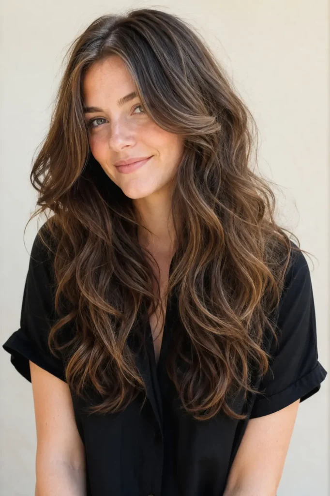 English woman with thick naturally wavy hair styled in invisible layers, glossy waves, black summer shirt, pale cream background, and bright natural daylight.
