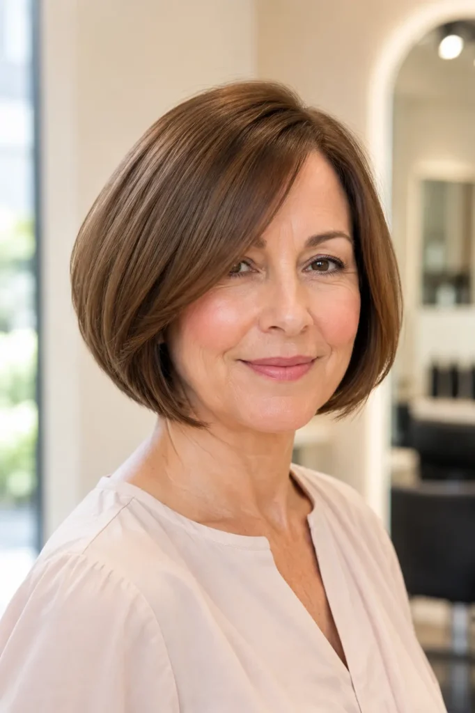 woman with a medium-brown Italian bob haircut for fine hair, featuring rounded volume and a glossy finish. She wears a blush-beige blouse with natural makeup, photographed in bright daylight against a soft ivory salon background, with the hairstyle as the main focus.