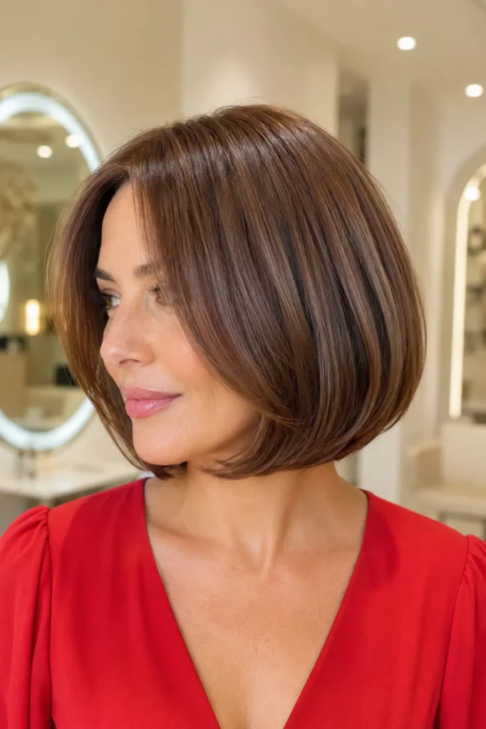 A woman with a glossy medium-brown Italian bob haircut for fine hair, styled with rounded volume, wears a red dress and natural makeup in bright daylight against a soft ivory salon background.